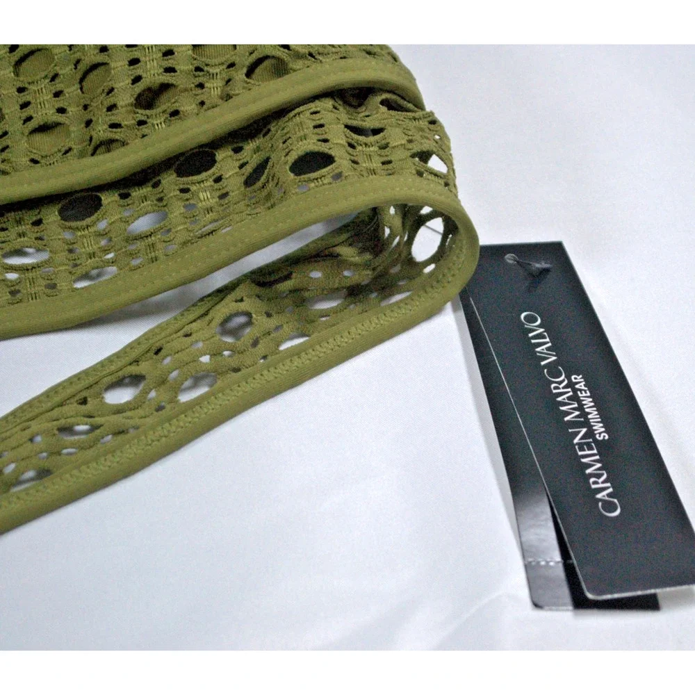 Carmen Marc Valvo Laser Cut Halter Bikini Top Olive Green Size Large NWT